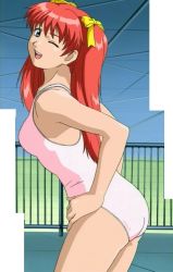 Rule 34 | 1girl, ;d, ass, breasts, hair ornament, kisaku, long hair, medium breasts, one-piece swimsuit, one eye closed, open mouth, pool, red hair, screencap, smile, solo, standing, stitched, sugimoto shouko (kisaku), swimsuit, third-party edit, twintails, wink