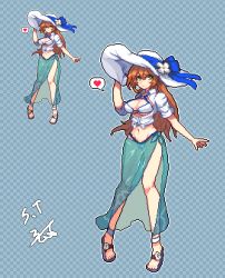 Rule 34 | anklet, bad id, bad pixiv id, bare legs, bikini, blue background, blue bow, blue ribbon, blush, bow, breasts, brown hair, checkered background, flower, girls&#039; frontline, green eyes, hair between eyes, hat, hat flower, hat ribbon, heart, jewelry, large breasts, large hat, long hair, navel, o-ring, o-ring bikini, official alternate costume, open clothes, open shirt, personification, pixel art, ribbon, sarong, see-through, sevenran, shirt, shoe flower, short sleeves, signature, smile, speech bubble, springfield (girls&#039; frontline), springfield (stirring mermaid) (girls&#039; frontline), sun hat, swimsuit, tied shirt, white bikini, white flower, white hat, white shirt