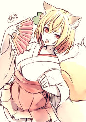 Rule 34 | 1girl, animal ear fluff, animal ears, beige background, blonde hair, breasts, brown hair, chita (ketchup), flower, folding fan, fox ears, fox girl, fox tail, gradient hair, hair between eyes, hair flower, hair ornament, half-closed eye, hand fan, holding, holding fan, japanese clothes, kimono, long sleeves, looking at viewer, multicolored hair, open mouth, original, pleated skirt, red eyes, red flower, red skirt, short eyebrows, signature, simple background, skirt, small breasts, solo, tail, tail raised, thick eyebrows, tongue, tongue out, uneven eyes, white kimono