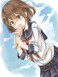 Rule 34 | 10s, 1girl, anchor symbol, bad id, bad pixiv id, brown eyes, brown hair, cloud, day, dutch angle, eating, food, gradient background, highres, ice cream, ice cream cone, ikazuchi (kancolle), kantai collection, long sleeves, murakami meishi, neckerchief, pantyhose, pleated skirt, red neckerchief, school uniform, serafuku, short hair, skirt, sky, solo