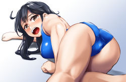 Rule 34 | 1girl, ahoge, all fours, ass, black hair, blue one-piece swimsuit, breasts, brown eyes, competition school swimsuit, competition swimsuit, embarrassed, feet out of frame, from behind, gradient background, grey background, highleg, highleg swimsuit, highres, kantai collection, large breasts, long hair, looking at viewer, looking back, one-piece swimsuit, open mouth, school swimsuit, solo, swimsuit, teeth, upper teeth only, ushio (kancolle), yellow quokka