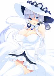 Rule 34 | 1girl, azur lane, bare shoulders, blue eyes, blunt bangs, breasts, cleavage, commentary, cowboy shot, detached collar, dress, elbow gloves, floating hair, garter straps, gloves, hat, highres, hujikok, illustrious (azur lane), jewelry, large breasts, long hair, looking at viewer, off-shoulder dress, off shoulder, open mouth, pendant, silver hair, simple background, smile, solo, sun hat, thighhighs, thighs, twintails, white background, white dress, white gloves, white hat, white thighhighs
