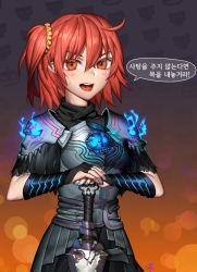 Rule 34 | 1girl, :d, ahoge, armor, bad id, bad pixiv id, blue nails, blush, breastplate, breasts, brown eyes, commentary request, fate/grand order, fate (series), fire, fujimaru ritsuka (female), hair between eyes, hair ornament, hair scrunchie, king hassan (fate), looking at viewer, nail polish, one side up, open mouth, orange eyes, orange hair, pleated skirt, scrunchie, shoulder plates, side ponytail, skirt, skull, smile, solo, speech bubble, sweat, sword, teeth, tongue, torn clothes, tungsten, upper body, upper teeth only, weapon