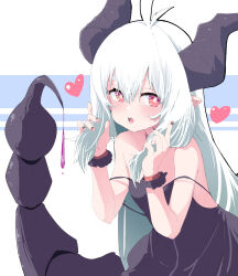 Rule 34 | 1girl, bare shoulders, black dress, black nails, blue background, blush, breasts, collarbone, commentary request, dress, eyebrows hidden by hair, hair between eyes, hands up, heart, highres, holding, holding hair, horns, long hair, looking at viewer, nail polish, noa (nagareboshi), open mouth, original, red eyes, short eyebrows, sleeveless, sleeveless dress, small breasts, solo, strap slip, tail, teeth, thick eyebrows, two-tone background, upper teeth only, very long hair, white background, white hair, wrist cuffs