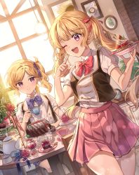 Rule 34 | 2girls, absurdres, blonde hair, cake, flower, food, highres, huge filesize, miniskirt, multiple girls, one eye closed, one side up, original, picture frame, pongu, puffy short sleeves, puffy sleeves, purple eyes, rose, short sleeves, sitting, skirt, teapot, tree, twintails, window