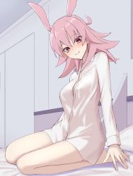 Rule 34 | 1girl, blush, dress shirt, elfenlied22, fate/grand order, fate (series), head tilt, head wings, highres, hildr (fate), indoors, looking at viewer, medium hair, naked shirt, on bed, pink hair, red eyes, room, shirt, sitting, smile, solo, valkyrie (fate), wariza, white shirt, wings
