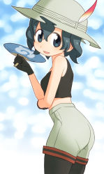 Rule 34 | 10s, 1girl, bare shoulders, black hair, black pantyhose, black tank top, blue eyes, blue hair, commentary request, eyes visible through hair, hair between eyes, hand fan, hat, hat feather, highres, japari symbol, kaban (kemono friends), kemono friends, looking at viewer, pantyhose, pantyhose under shorts, paper fan, sat-c, short hair, shorts, solo, tank top, uchiwa, white hat, white shorts