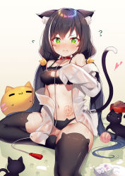 Rule 34 | 1girl, ?, animal, animal ear fluff, animal ear legwear, animal ears, bare shoulders, black bra, black hair, black panties, black thighhighs, blush, bowl, bra, breasts, cat, cat cutout, cat ear legwear, cat ears, cat girl, cat lingerie, cat tail, choker, cleavage cutout, clothing cutout, collarbone, embarrassed, fang, green eyes, heart, heart-shaped pupils, hecha (01964237), highres, karyl (princess connect!), leash, long hair, looking at viewer, medium breasts, meme attire, multicolored hair, navel, nose blush, off shoulder, open clothes, open mouth, open shirt, panties, pet bowl, princess connect!, see-through, shirt, solo, stomach, streaked hair, sweat, symbol-shaped pupils, tail, tail raised, thighhighs, thighs, twintails, underwear, v-shaped eyebrows, very long hair, white shirt