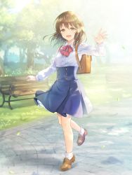 Rule 34 | 1girl, :d, backpack, bag, bench, blue skirt, blush, bobby socks, bow, breasts, brown eyes, brown footwear, brown hair, collared shirt, commentary, day, dress shirt, english commentary, falling leaves, hair between eyes, half-closed eyes, hand up, high-waist skirt, highres, leaf, loafers, long hair, long sleeves, looking at viewer, mono lith, open mouth, original, outdoors, park bench, pleated skirt, red bow, school uniform, shirt, shoes, skirt, small breasts, smile, socks, solo, standing, standing on one leg, sunlight, tree, white shirt, white socks