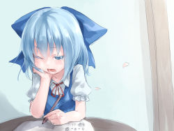 Rule 34 | circled 9, 1girl, arm support, blue eyes, blue hair, bow, head rest, cirno, colored eyelashes, doodle, female focus, hair ornament, hair ribbon, holding, indoors, junwool, matching hair/eyes, math, one eye closed, open mouth, pencil, petals, puffy sleeves, ribbon, short hair, short sleeves, sketch, solo, table, tears, touhou, upper body, wall, wink, yawning