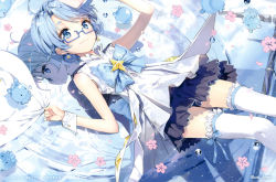 Rule 34 | 1girl, :3, absurdres, anmi, aoi (houkago no pleiades), bare shoulders, blue eyes, blue hair, frilled thighhighs, frills, glasses, hat, highres, houkago no pleiades, lying, on back, pleiadean, reflection, short hair, sleeveless, tareme, thighhighs, white thighhighs, zettai ryouiki