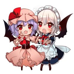 Rule 34 | 2girls, :3, apron, ascot, bat wings, black corset, braid, center frills, collar, commentary request, corset, dress, fangs, frilled apron, frilled collar, frills, full body, hair ribbon, hat, hat ribbon, heart, heart-shaped pupils, holding another&#039;s arm, izayoi sakuya, kirero, maid, maid apron, maid headdress, mob cap, multiple girls, neck ribbon, open mouth, pink dress, pink headwear, puffy short sleeves, puffy sleeves, purple hair, red ascot, red eyes, red ribbon, remilia scarlet, ribbon, short sleeves, simple background, symbol-shaped pupils, touhou, tress ribbon, twin braids, waist apron, white apron, white background, white hair, wings, wrist cuffs