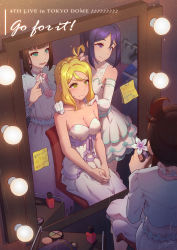 Rule 34 | 10s, 3girls, bare shoulders, black hair, blonde hair, blue hair, blue jacket, blunt bangs, braid, breasts, chair, cleavage, collarbone, commentary request, cosmetics, crown braid, dress, dressing room, elbow gloves, english text, flower, frown, gloves, green eyes, hair rings, hairdressing, hands on another&#039;s shoulders, hands on lap, highres, holding, holding flower, indoors, jacket, kurosawa dia, love live!, love live! school idol festival, love live! sunshine!!, makeup, matsuura kanan, medium breasts, mirror, mole, mole under mouth, multiple girls, nail polish, neck ribbon, ohara mari, open mouth, own hands clasped, own hands together, pink nails, pink neckwear, purple eyes, purple ribbon, regition, ribbon, shirt, sitting, skirt, smile, standing, sticky note, strapless, sweatdrop, table, translation request, v-shaped eyebrows, vanity table, white gloves, white shirt