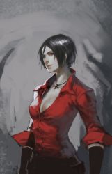 Rule 34 | 1girl, ada wong, black hair, bob cut, breasts, capcom, cleavage, cross, cross necklace, jewelry, lips, medium breasts, narrator (nobody), necklace, nose, resident evil, resident evil 6, shirt, short hair, sleeves rolled up, solo, unbuttoned