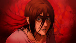 Rule 34 | 1boy, annlu vazzel, brown hair, collarbone, derivative work, eren yeager, green eyes, highres, looking to the side, male focus, official alternate hairstyle, open mouth, screenshot redraw, shingeki no kyojin, shirt, solo, spoilers, thick eyebrows, upper body, wide-eyed