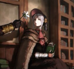 Rule 34 | 1girl, 1other, ambiguous gender, ascot, black gloves, black headwear, bloodborne, book, brown cloak, brown dress, cloak, commentary request, dress, flower, gloves, grey eyes, grey hair, hat, highres, holding, holding book, holding flower, indoors, looking at another, open book, out of frame, parted bangs, plain doll, red ascot, sakusei sanbou, shadow, short hair, white flower