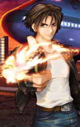 Rule 34 | 1boy, brown eyes, brown hair, denim, fingerless gloves, fire, gloves, jacket, jeans, kusanagi kyou, leather, leather jacket, male focus, mystic9904, pants, pointing, pointing at viewer, pyrokinesis, shirt, smile, smug, solo, the king of fighters, white shirt