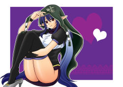 Rule 34 | 00s, 1girl, asaki yukia, bad id, bad pixiv id, black thighhighs, blue hair, cape, dress, elf, gloves, heart, hood, judith (tales), long hair, official alternate costume, pointy ears, ponytail, purple background, red eyes, shoe dangle, skirt, solo, tales of (series), tales of vesperia, thighhighs