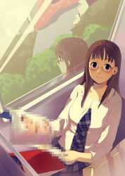 Rule 34 | 1girl, blush, book, breasts, brown hair, censored, dress, female focus, forest, glasses, holding, long hair, long sleeves, looking at viewer, magazine (object), morifumi, mosaic censoring, nature, plaid, plaid dress, reflection, semi-rimless eyewear, smile, solo, under-rim eyewear, window