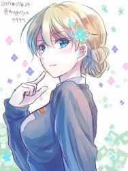 Rule 34 | 10s, 1girl, bad id, bad pixiv id, blonde hair, blue eyes, blue sweater, braid, closed mouth, darjeeling (girls und panzer), dated, emblem, floral background, from side, girls und panzer, light smile, looking at viewer, macho ojiji, school uniform, shirt, short hair, solo, sweater, twin braids, twitter username, upper body, white shirt