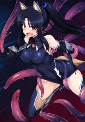 Rule 34 | 00s, 1girl, :o, adapted costume, animal ears, armor, bad id, bad twitter id, bare shoulders, black hair, blush, bodysuit, breasts, covered navel, dual wielding, elbow gloves, covered erect nipples, fishnets, from side, gloves, hair ribbon, hattori shizuka, high ponytail, hip focus, holding, impossible clothes, impossible swimsuit, jumping, kunai, large breasts, leg lift, long hair, looking at viewer, ninja, nose blush, null (nyanpyoun), one-piece swimsuit, open mouth, orange eyes, pointy ears, ribbon, school swimsuit, shinai, sidelocks, slime (substance), solo, spikes, spread legs, strike witches, swimsuit, swimsuit costume, sword, tail, tail through clothes, taimanin (series), taimanin asagi, taimanin suit, tentacles, tentacles, tentacles under clothes, thighhighs, turtleneck, vambraces, weapon, world witches series