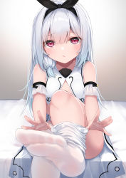 Rule 34 | 1girl, absurdres, bare shoulders, black hairband, cleavage cutout, closed mouth, clothing cutout, gradient background, grey hair, hairband, hashiko nowoto, highres, no shoes, original, red eyes, sitting, soles, solo, thighhighs, white hair, white thighhighs