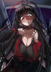 Rule 34 | 1girl, absurdres, ankoku kishi m, black hair, black sailor collar, black skirt, black wings, blue archive, blunt bangs, blush, breasts, choker, cleavage, commentary request, eyelashes, halo, highres, huge breasts, long hair, long sleeves, looking at viewer, low wings, makeup, messy hair, neckerchief, open mouth, red choker, red eyes, red neckerchief, sailor collar, school uniform, serafuku, skirt, solo, sweat, torn clothes, trembling, tsurugi (blue archive), undone neckerchief, very long hair, wavy mouth, wings