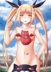 Rule 34 | 1girl, anger vein, blazblue, blonde hair, blush, breasts, censored, censored nipples, convenient censoring, convenient head, gii, highres, hikari0910, image sample, nago, nude, pixiv sample, rachel alucard, resized, small breasts, standing, twintails, wing censor, yellow eyes
