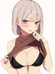 Rule 34 | 1girl, absurdres, bare shoulders, black bra, blunt bangs, blush, bob cut, bra, breasts, brown sweater, clothes lift, deha rou, ear blush, earrings, front-tie bra, grey hair, hair between eyes, halterneck, highres, jewelry, large breasts, lifting own clothes, looking at viewer, mole, mole under eye, nail polish, original, parted lips, pink eyes, red nails, ribbed sweater, short hair, simple background, sleeveless, sleeveless sweater, smile, solo, sparkle, sweater, sweater lift, turtleneck, turtleneck sweater, underwear, upper body, white background
