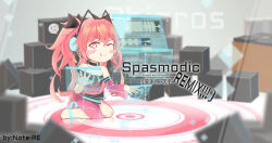 Rule 34 | 1girl, ;q, animal ear headphones, animal ears, black bow, blush stickers, bow, cat ear headphones, collar, cube, detached sleeves, dress, fake animal ears, hair between eyes, headphones, heart, heart-shaped pupils, hologram, kuzumi (phigros), looking at viewer, notere, off-shoulder dress, off shoulder, official art, one eye closed, open hand, phigros, pink dress, pink eyes, pink hair, pink skirt, red eyes, see-through, see-through skirt, skirt, smile, solo, symbol-shaped pupils, tongue, tongue out, twintails