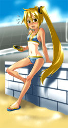 Rule 34 | 1girl, akita neru, arm support, bikini, blonde hair, blush, caffein, cellphone, day, groin, long hair, looking at viewer, lowleg, lowleg bikini, navel, one-piece tan, open mouth, phone, sandals, shiny skin, side ponytail, sitting, solo, stone wall, striped bikini, striped clothes, swimsuit, tan, tanline, twintails, vocaloid, wall, yellow eyes