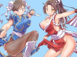 Rule 34 | 2girls, armpits, blue background, bouncing breasts, breasts, brown hair, capcom, chinese clothes, chun-li, cleavage, crossover, fatal fury, fighting stance, hand fan, holding, holding fan, iwasaki masakazu, leggings, looking to the side, multiple girls, pantyhose, ponytail, purple eyes, shiranui mai, street fighter, the king of fighters, thighs, trait connection, v-shaped eyebrows, yellow eyes