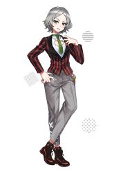 Rule 34 | 1girl, cleavage cutout, clothing cutout, denonbu, earrings, green eyes, grey hair, haijima ginka, jacket, jewelry, long sleeves, looking at viewer, mika pikazo, necktie, official art, open mouth, pants, shoes, short hair, smile, sneakers, solo, transparent background