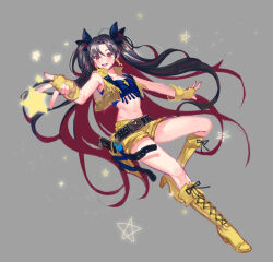 1girl :d belt black_hair blue_tank_top boots earrings fate/grand_order fate_(series) gloves grey_background hair_ribbon hoop_earrings ishtar_(fate) jewelry knee_boots long_hair multicolored_hair open_mouth pants parted_bangs red_eyes red_hair ribbon short_shorts shorts simple_background smile solo space_ishtar_(fate) space_ishtar_(second_ascension)_(fate) ssaknanda star_(symbol) tank_top two-tone_hair two_side_up very_long_hair yellow_boots yellow_gloves yellow_pants