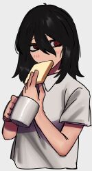 Rule 34 | 1girl, absurdres, black hair, bread, chainsaw man, cup, food, highres, holding, holding cup, looking to the side, mano (manobece), mug, nayuta (chainsaw man), red eyes, ringed eyes, shirt, short hair, simple background, solo, white background, white shirt