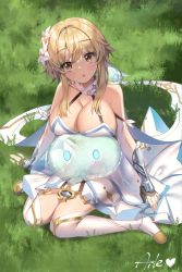 Rule 34 | 1girl, :o, aile (crossroads), alternate breast size, blonde hair, blush, breast rest, breasts, cleavage, commentary request, dress, flower, genshin impact, grass, hair between eyes, hair flower, hair intakes, hair ornament, highres, large breasts, long hair, looking at viewer, lumine (genshin impact), open mouth, outdoors, paid reward available, sidelocks, sitting, slime (creature), slime (genshin impact), thighhighs, white dress, white thighhighs