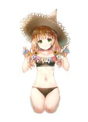 Rule 34 | 1girl, absurdres, bare arms, bare shoulders, bikini, black bikini, blonde hair, blush, breasts, brown hat, closed mouth, collarbone, flower, full body, green eyes, hair flower, hair ornament, hat, highres, holding, long hair, looking at viewer, miwabe sakura, navel, original, pennant, scan, seiza, simple background, sitting, small breasts, smile, solo, stomach, straw hat, sunflower, sunflower hair ornament, swimsuit, unusual pupils, wavy hair, white background