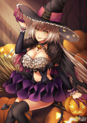 Rule 34 | 1girl, alternate costume, arm garter, bambi nano, blonde hair, breasts, broom, broom riding, cleavage, collar, dated, demon tail, fate/grand order, fate (series), frilled skirt, frills, fur trim, halloween, halloween costume, hat, highres, jack-o&#039;-lantern, jeanne d&#039;arc (fate), jeanne d&#039;arc alter (avenger) (fate), jeanne d&#039;arc alter (fate), large breasts, looking at viewer, pumpkin, skirt, smirk, solo, tail, thighhighs, witch, witch hat, yellow eyes