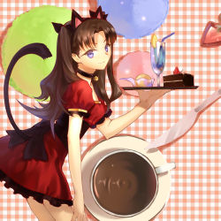 Rule 34 | 1girl, alternate costume, animal ears, bell, neck bell, blue eyes, brown hair, cake, cat ears, cat tail, cherry (10013717), choker, corset, dress, drink, enmaided, fate/stay night, fate (series), food, highres, kemonomimi mode, long hair, maid, puffy short sleeves, puffy sleeves, red dress, short sleeves, smile, solo, tail, tohsaka rin, tray, two side up, waitress