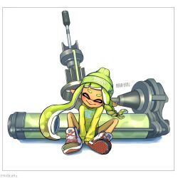 Rule 34 | 1girl, artist name, beanie, border, braid, closed eyes, closed mouth, commentary request, cross-laced footwear, dynamo roller (splatoon), full body, green hair, green hat, hat, highres, inkling, inkling girl, inkling player character, jacket, long hair, moromi (kscd4482), nintendo, pointy ears, print jacket, shoes, simple background, single braid, sitting, sleeves past wrists, smile, solo, splatoon (series), splatoon 3, tentacle hair, thick eyebrows, translation request, very long hair, white background, white border, yellow jacket