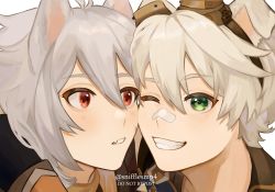 Rule 34 | 2boys, animal ears, bandaid, bandaid on face, bandaid on nose, bennett (genshin impact), blush, cheek-to-cheek, closed eyes, commentary, dog boy, dog ears, english commentary, genshin impact, goggles, goggles on head, grey hair, grin, hair between eyes, heads together, highres, long hair, looking at another, male focus, multiple boys, open mouth, razor (genshin impact), red eyes, scar, scar on face, simple background, smile, snifflesmp4, white hair