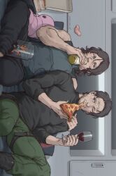 Rule 34 | 2boys, alcohol, black hair, black pants, black shirt, black tank top, blue eyes, can, cup, death stranding, drink can, drinking glass, eating, food, green pants, hamms hamss, higgs (death stranding), highres, holding, holding can, holding food, holding pizza, looking at another, male focus, multiple boys, muscular, muscular male, one eye closed, pants, pizza, pizza slice, sam porter bridges, shirt, short hair, sitting, tank top, wine, wine glass, worm