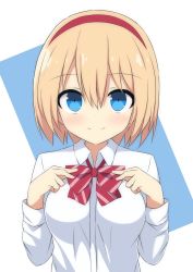 Rule 34 | 1girl, adjusting neckwear, alice margatroid, bad id, bad twitter id, blonde hair, blue eyes, blush, bow, bowtie, breasts, commentary, diagonal stripes, enushi (toho193), hair between eyes, hairband, hands up, highres, long sleeves, looking at viewer, medium breasts, red bow, red bowtie, red hairband, shirt, short hair, simple background, smile, solo, striped bow, striped bowtie, striped clothes, striped neckwear, touhou, upper body, white background, white shirt