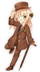 Rule 34 | 1girl, arm up, black necktie, blonde hair, blush, bow, braid, brown bow, brown footwear, brown hat, brown jacket, brown pants, brown vest, cane, fake beard, fake facial hair, fake mustache, full body, green eyes, hair between eyes, hair bow, hand on headwear, hat, hat bow, jacket, long sleeves, looking at viewer, necktie, one eye closed, open clothes, open jacket, original, pants, shirt, shoes, side braid, simple background, single braid, sleeves past wrists, solo, standing, standing on one leg, striped clothes, striped shirt, vest, white background, white shirt, yuuhagi (amaretto-no-natsu)