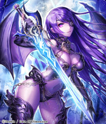 Rule 34 | 1girl, armor, bikini armor, breasts, chain, cleavage, demon wings, elbow gloves, esphy, eyepatch, gate of dimension, gloves, large breasts, long hair, navel, official art, parted lips, pink eyes, purple hair, solo, sword, thighhighs, weapon, wings