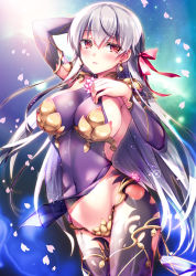 Rule 34 | 1girl, arm up, armor, bikini armor, blush, breasts, covered navel, detached sleeves, dress, earrings, fate/grand order, fate (series), flower, fukase ayaka, hair between eyes, hair ribbon, jewelry, kama (fate), kama (second ascension) (fate), large breasts, long hair, looking at viewer, lotus, open mouth, petals, pink ribbon, purple dress, purple legwear, purple sleeves, red eyes, ribbon, ring, sideboob, silver hair, sleeveless, sleeveless dress, solo, thighlet, thighs