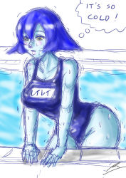 Rule 34 | 1girl, blue hair, blue skin, blush stickers, borockman, breasts, cold, colored skin, flipped hair, jiangshi, lei lei, one-piece swimsuit, school swimsuit, short hair, solo, swimsuit, thought bubble, trembling, vampire (game), wet, yellow eyes