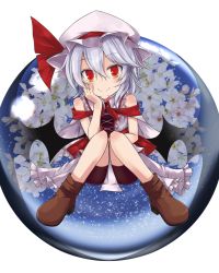 Rule 34 | 1girl, :&gt;, adapted costume, akisome hatsuka, bat wings, bike shorts, bow, cherry blossoms, elbow rest, hat, hat bow, mob cap, red eyes, remilia scarlet, sitting, solo, touhou, white hair, wings