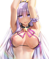 Rule 34 | 1girl, :p, armpits, arms up, bare shoulders, bb (fate), bb (fate) (all), bb (swimsuit mooncancer) (fate), bb (swimsuit mooncancer) (second ascension) (fate), bikini, black choker, black hairband, breasts, breasts apart, choker, collarbone, commentary request, fate/grand order, fate (series), hair between eyes, hair ornament, hairband, highres, large breasts, long hair, neck ribbon, parted lips, pink ribbon, purple bikini, purple eyes, purple hair, ribbon, simple background, smile, solo, star (symbol), star hair ornament, swimsuit, tan, tongue, tongue out, very long hair, white background, youta