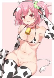 Rule 34 | 1girl, animal ears, animal print, assault lily, bell, bikini, blush, bottomless, breasts, chinese zodiac, cleft of venus, collar, collarbone, covered erect nipples, cow ears, cow horns, cow print, cow tail, elbow gloves, fake animal ears, fake horns, fake tail, gloves, highres, hitotsuyanagi riri, horns, looking at viewer, mak066, navel, neck bell, open mouth, pink hair, pussy, red eyes, short hair, small breasts, smile, solo, swimsuit, tail, thighhighs, year of the ox